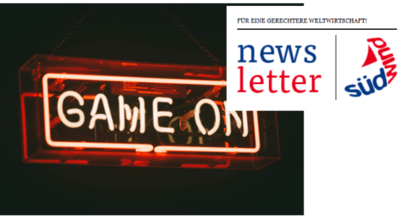 SÜDWIND Newsletter Juni 2026 — Lieferkettengesetz, Pestizide und globale Gerechtigkeit Vorschaubild des SÜDWIND Newsletters Juni 2026 mit dem Titel „für eine gerechtere Weltwirtschaft". Der Newsletter thematisiert die Abschwächung des EU-Lieferkettengesetzes, Menschenrechtsverletzungen in globalen Lieferketten deutscher Supermärkte sowie nachhaltige Anbaumethoden in Lateinamerika und Afrika.